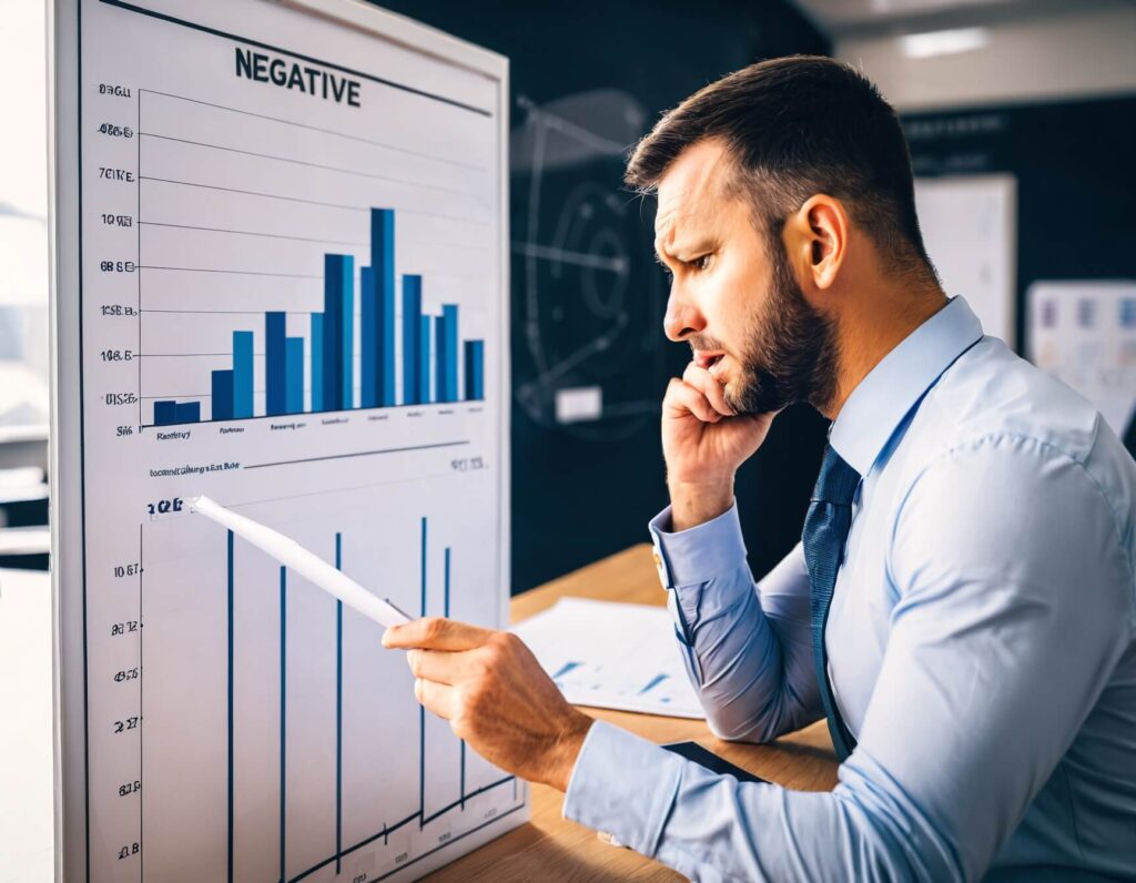 a photo of a frustrated man looking at negative result chart on board for his business